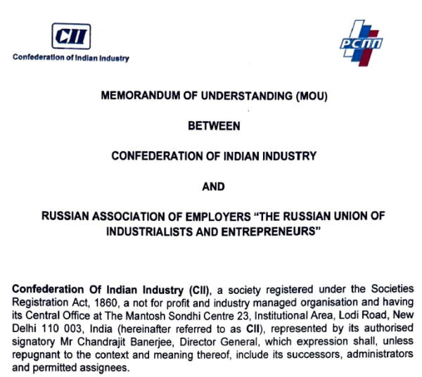 РСПП и Конфедерация индийской промышленности (КИП) подписали новый Меморандум о взаимопонимании
